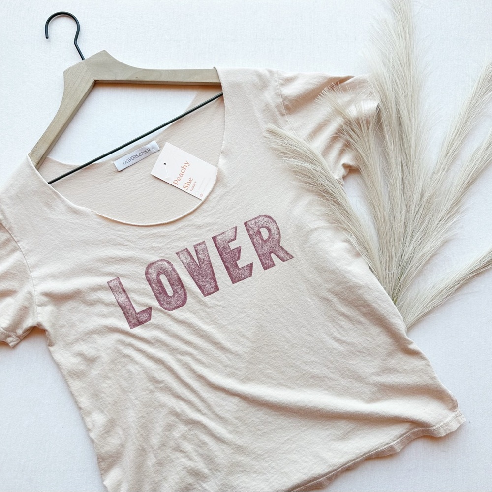 Daydreamer Cream 'LOVER' Short Sleeve Tee with Pink Lettering
